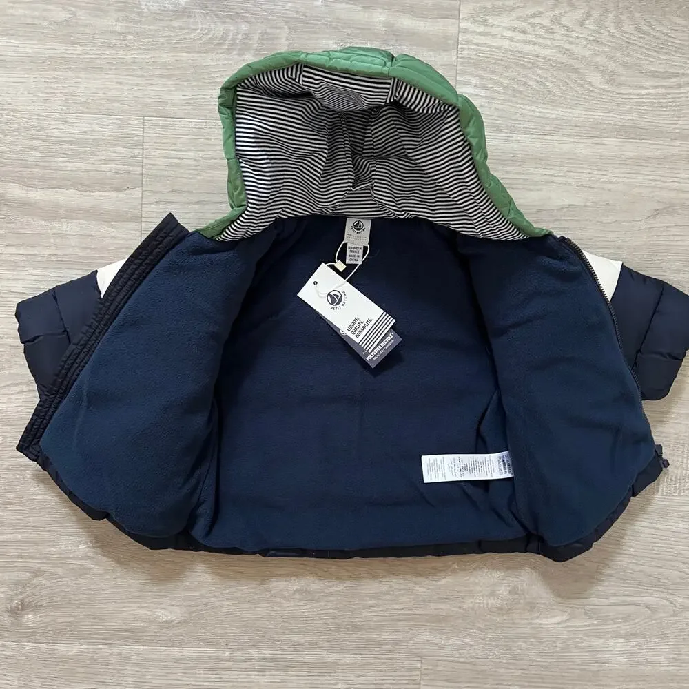 Petit Bateau Boys Puffer Jacket Baby 12M Green Navy Colorblock Hooded Fleece New